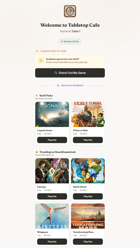 Guest scanning a table QR code at a board game café to start their GameLedger session — no app download required