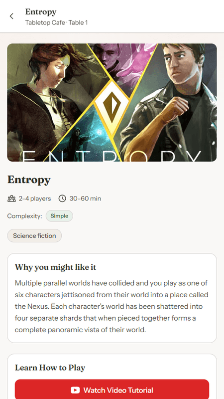Active board game session view in GameLedger showing game timer, rules link, and session details for café guests