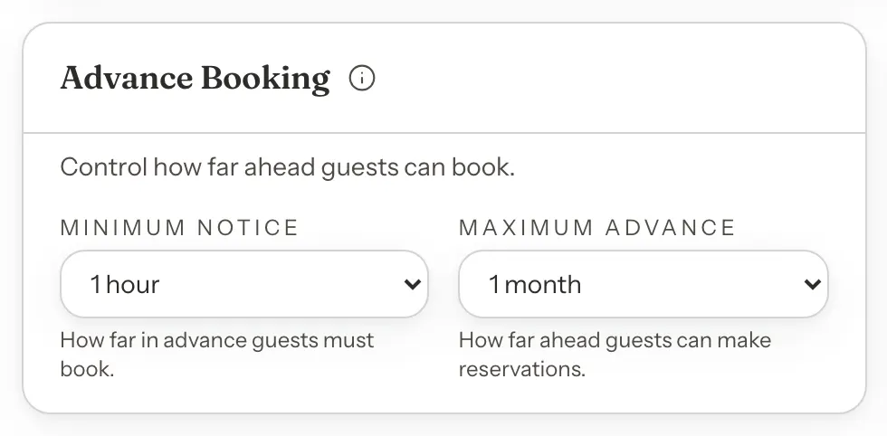 The Advance Booking settings card with a small info button, an i in a circle, beside its title, above the Minimum notice and Maximum advance drop-downs.