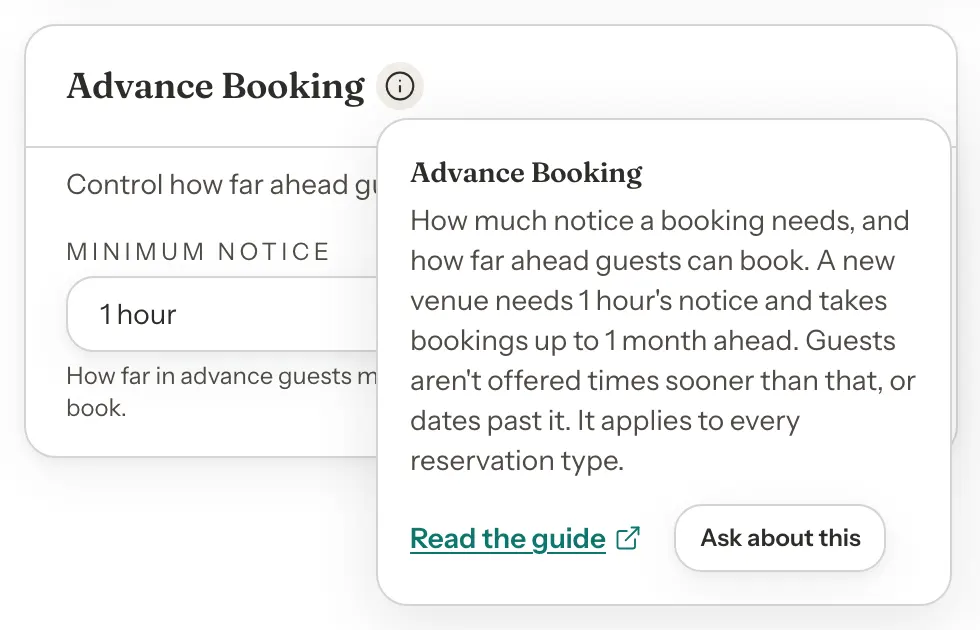 The note for Advance Booking, open under the info button. It explains how much notice a booking needs and how far ahead guests can book, says a new venue needs 1 hour's notice and takes bookings up to 1 month ahead, and has a Read the guide link and an Ask about this button.