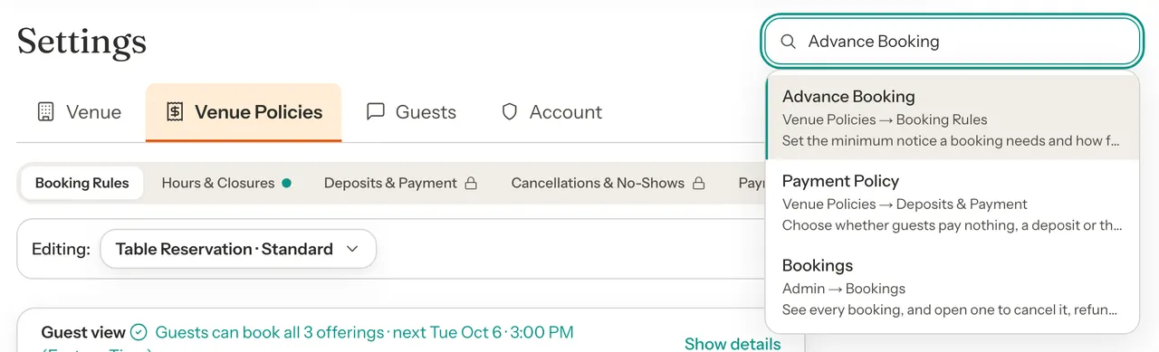 The Settings page with Advance Booking typed in the Ask or search settings box and the matches listed below it: Advance Booking under Venue Policies, Booking Rules, highlighted first, then Payment Policy and Bookings.
