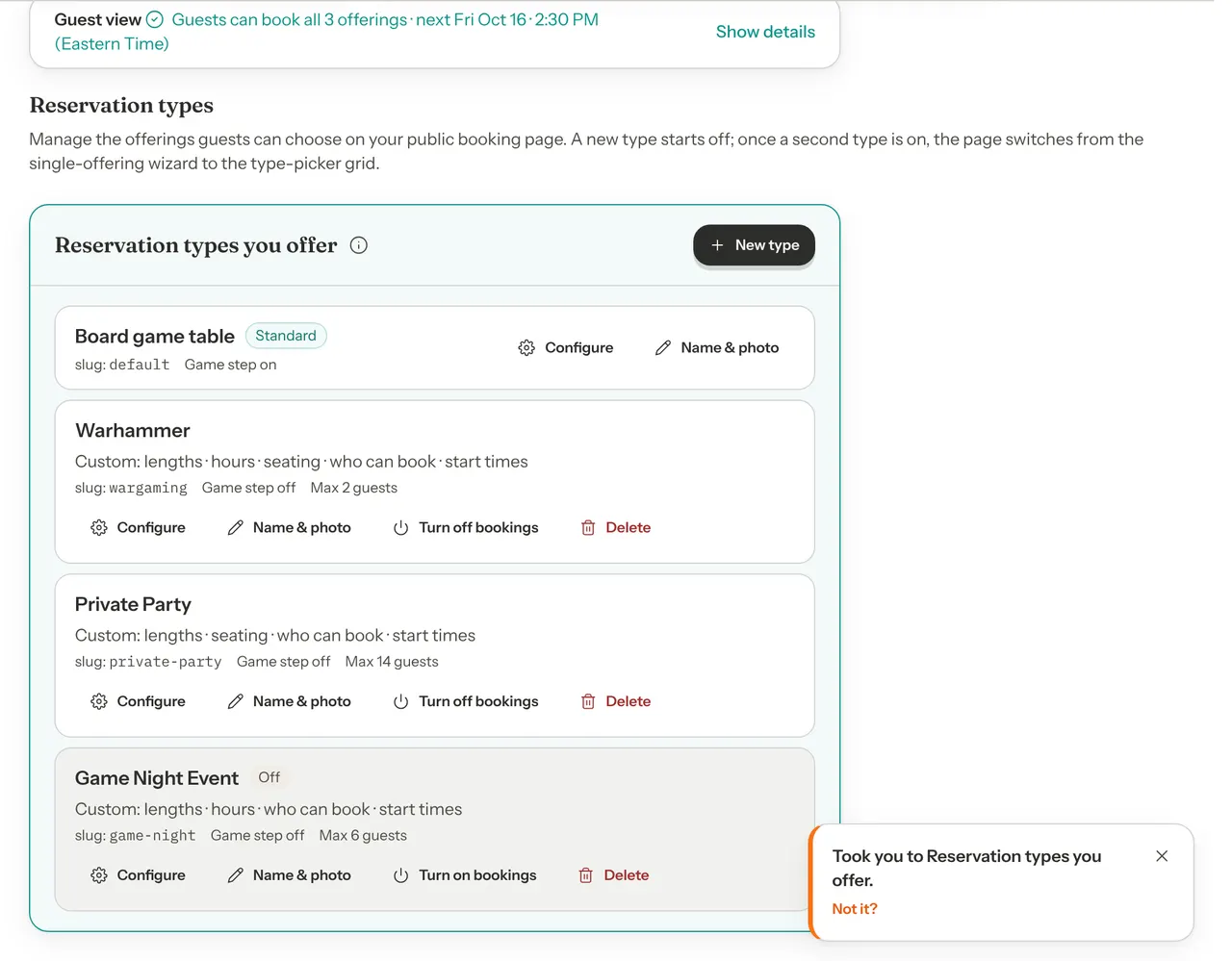 Settings open at Reservation types you offer, outlined in teal, after pressing Enter on make private party need a deposit. A message in the bottom corner reads Took you to Reservation types you offer, with a Not it? link.