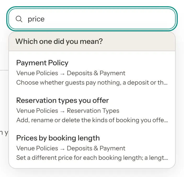 The Ask box with price, asking Which one did you mean? over Payment Policy, Reservation types you offer and Prices by booking length.