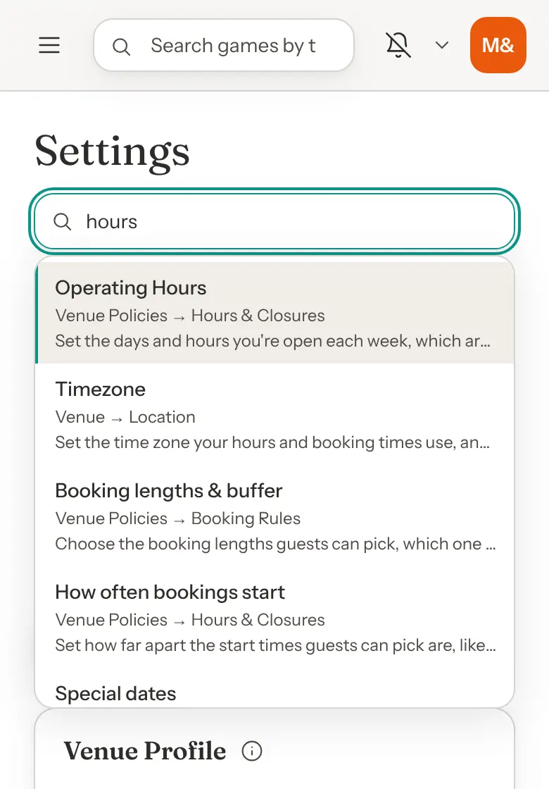 The Settings page on a phone with the Ask or search settings box holding the word hours, and a list of matching settings below it, starting with Operating Hours under Venue Policies, Hours & Closures.