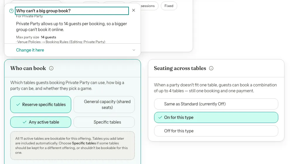 The answer to Why can't a big group book? for Private Party, open above the highlighted Who can book card. It reads Private Party allows up to 14 guests per booking, so a bigger group can't book it online, then lists the setting behind it, Max party size 14 guests, with a Change it here link at the bottom.