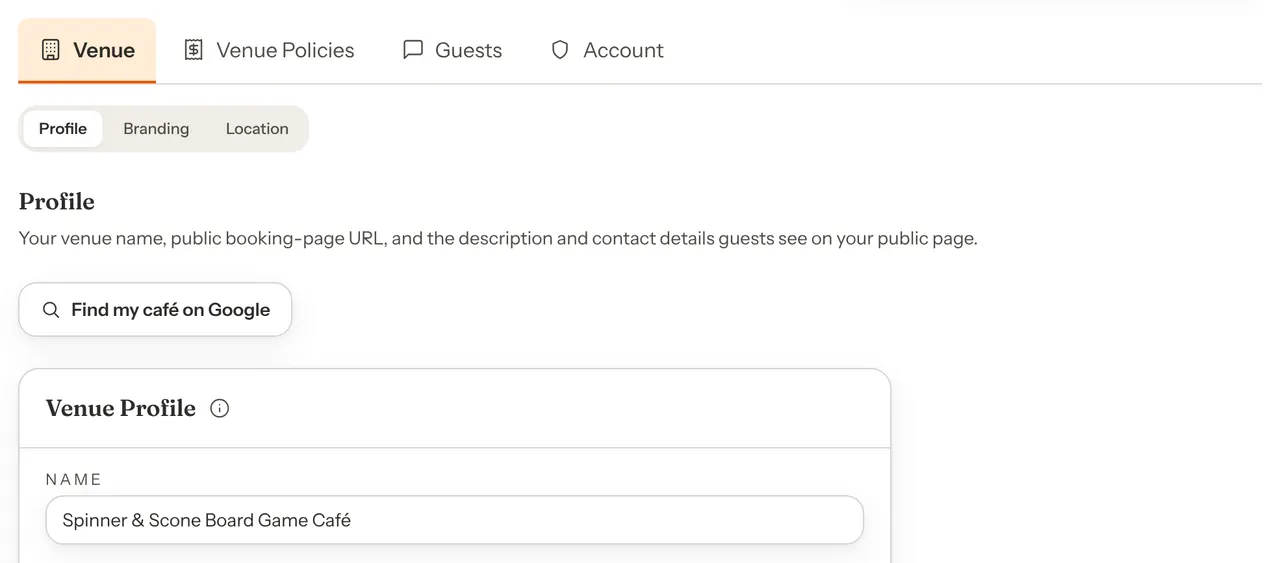 The Venue settings Profile tab with the Find my café on Google button above the Venue Profile card.