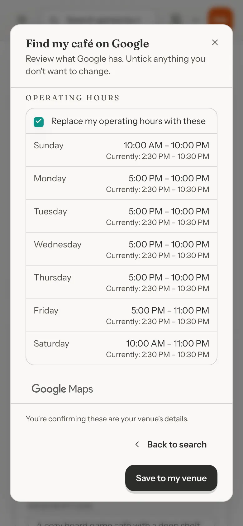 The Find my café on Google review screen on a phone, showing the opening hours with Google's hours and your current hours for each day, and a ticked box to replace your hours with these.