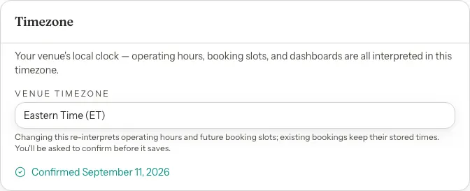 The Timezone card showing the Eastern Time zone and the line Confirmed September 11, 2026.