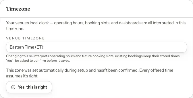 The Timezone card on the Location tab, with the Eastern Time zone selected, a note that the zone was set automatically and has not been confirmed, and a Yes, this is right button.