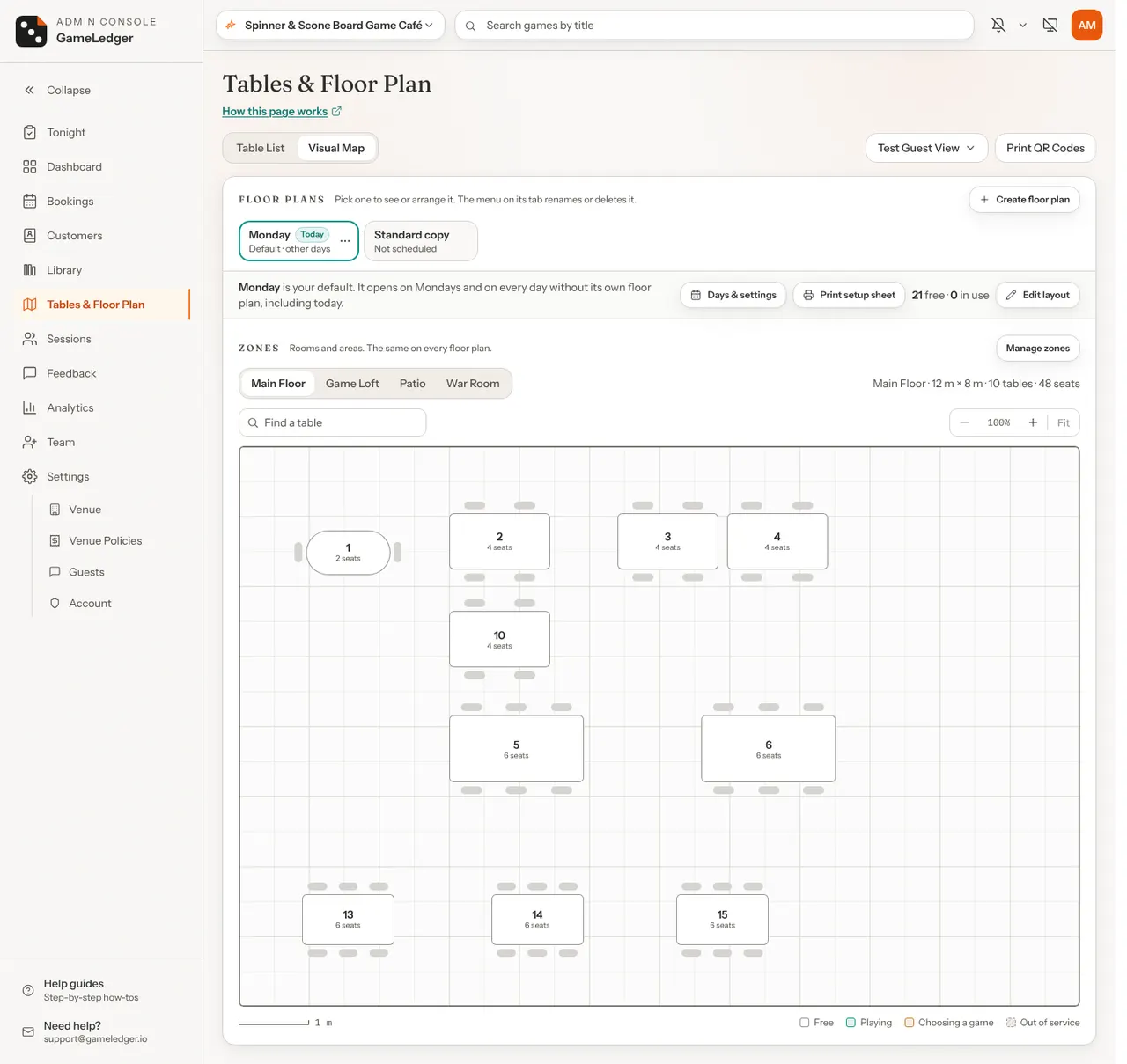 The Visual Map. At the top, the Floor plans row, which reads Pick one to see or arrange it. The menu on its tab renames or deletes it., with Create floor plan and two tabs: Monday, tagged Today, with Default · other days under it and a ⋯ menu button, and Standard copy, Not scheduled. Monday's tab is open, and its line reads Monday is your default. It opens on Mondays and on every day without its own floor plan, including today, with Days & settings, Print setup sheet, 21 free and 0 in use, and Edit layout. Under it, the Zones row with Manage zones and the Main Floor tab open, 12 m × 8 m, 10 tables and 48 seats, and the tables drawn to scale on a grid with chairs around them.