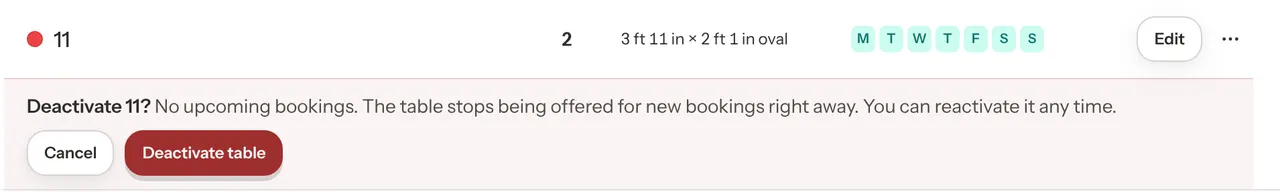 Table 11's row with a red confirmation line underneath reading Deactivate 11? No upcoming bookings, then what happens next, and the buttons Cancel and Deactivate table.
