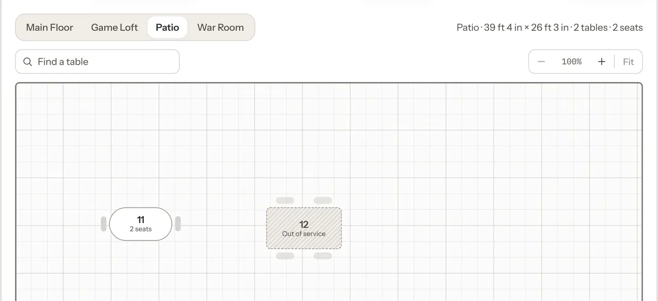 The Visual Map for the Patio zone, with table 11 drawn normally and table 12 in grey stripes with a dashed outline and the words Out of service.