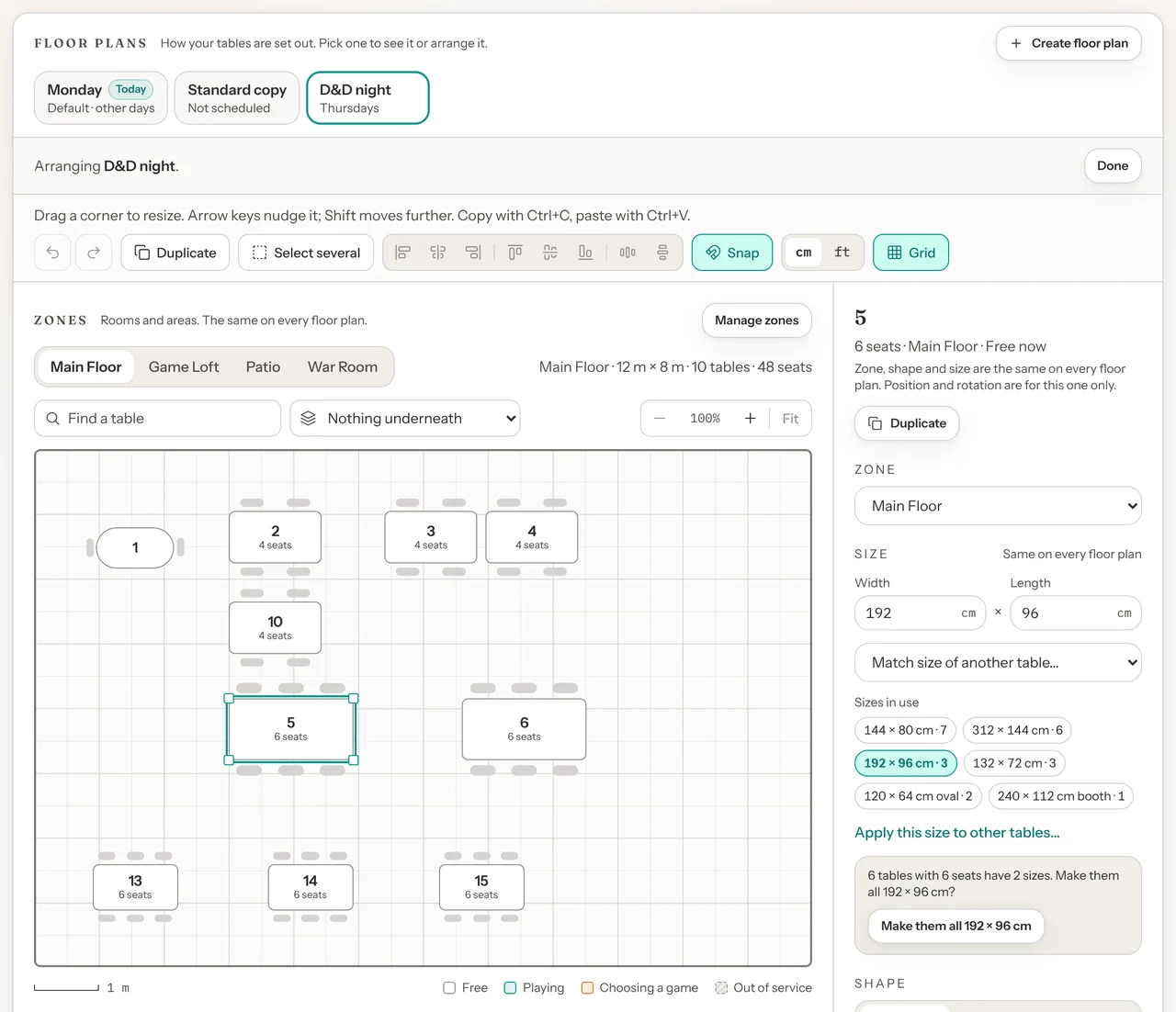 The Visual Map in edit mode with the D&D night tab open and the line Arranging D&D night. with a Done button. The toolbar is above the map and table 5 is selected, a square handle at each corner. The panel on the right shows 6 seats, Main Floor, Free now, then Zone, Size with Width and Length boxes, Match size of another table, and the Sizes in use.