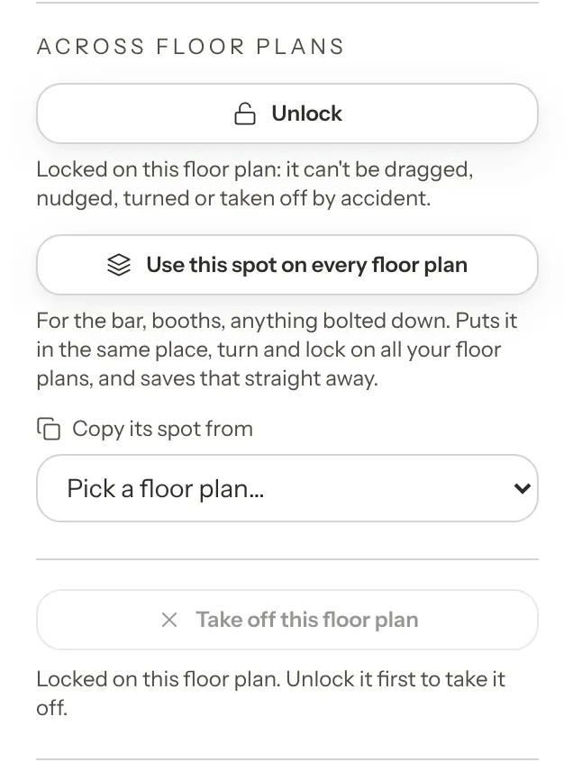 The Across floor plans section of the panel for a locked table: an Unlock button with the note Locked on this floor plan, a Use this spot on every floor plan button, Copy its spot from with a Pick a floor plan list, and a Take off this floor plan button that is off, with the note Locked on this floor plan. Unlock it first to take it off.
