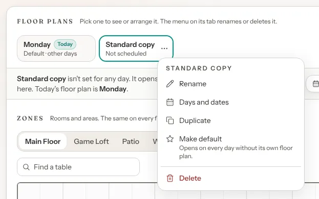 The Floor plans row with Standard copy's tab open and its menu showing: headed STANDARD COPY, with Rename, Days and dates, Duplicate, Make default (Opens on every day without its own floor plan.) and, in red, Delete.