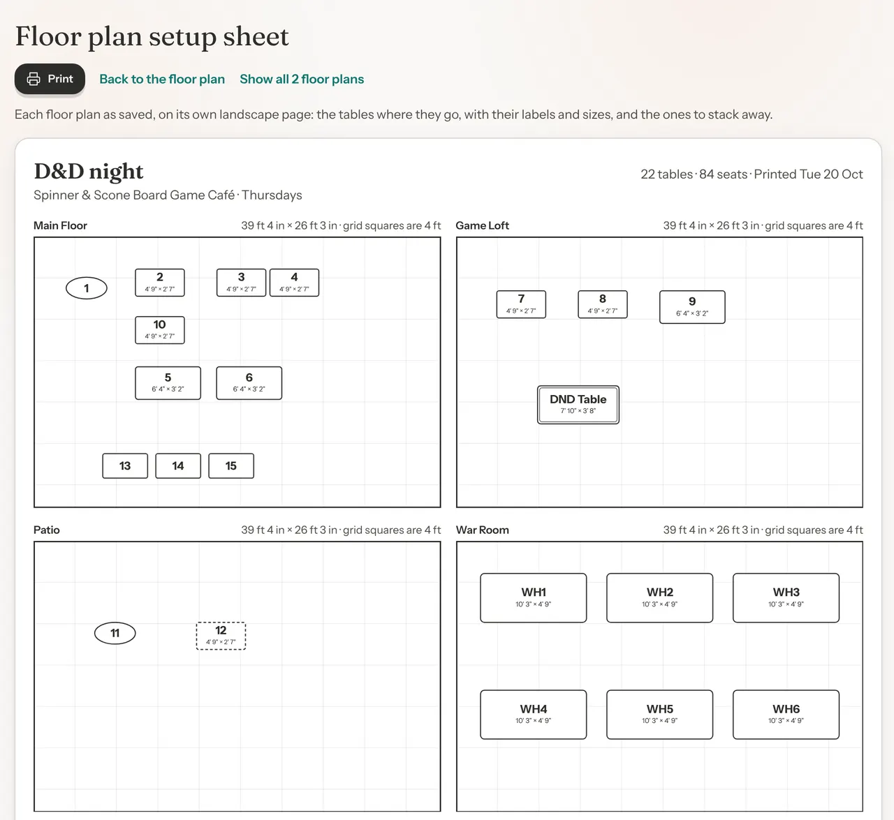 The Floor plan setup sheet for D&D night, with Print, Back to the floor plan and Show all 2 floor plans at the top. Under the floor plan's name are its venue and the day it opens, with its tables, seats and the date printed on the right. Below, each zone's room is drawn to scale with its size: Main Floor, Game Loft, Patio and War Room, every table where it sits with its label, and its size where that fits.