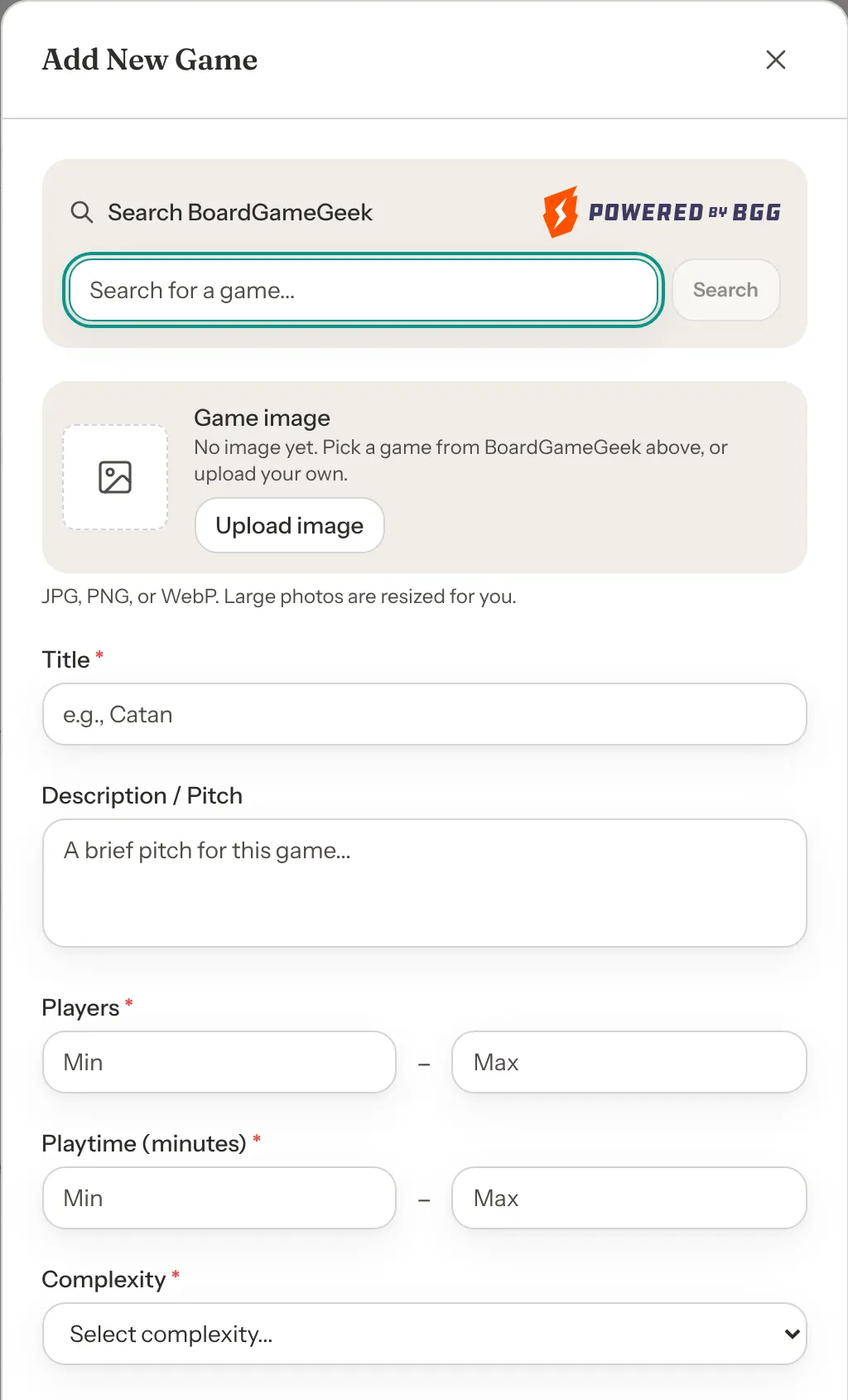 The Add New Game form with a Search BoardGameGeek box, a Search button and the Powered by BoardGameGeek logo, followed by empty Title, Description, Players, Playtime and Complexity fields.