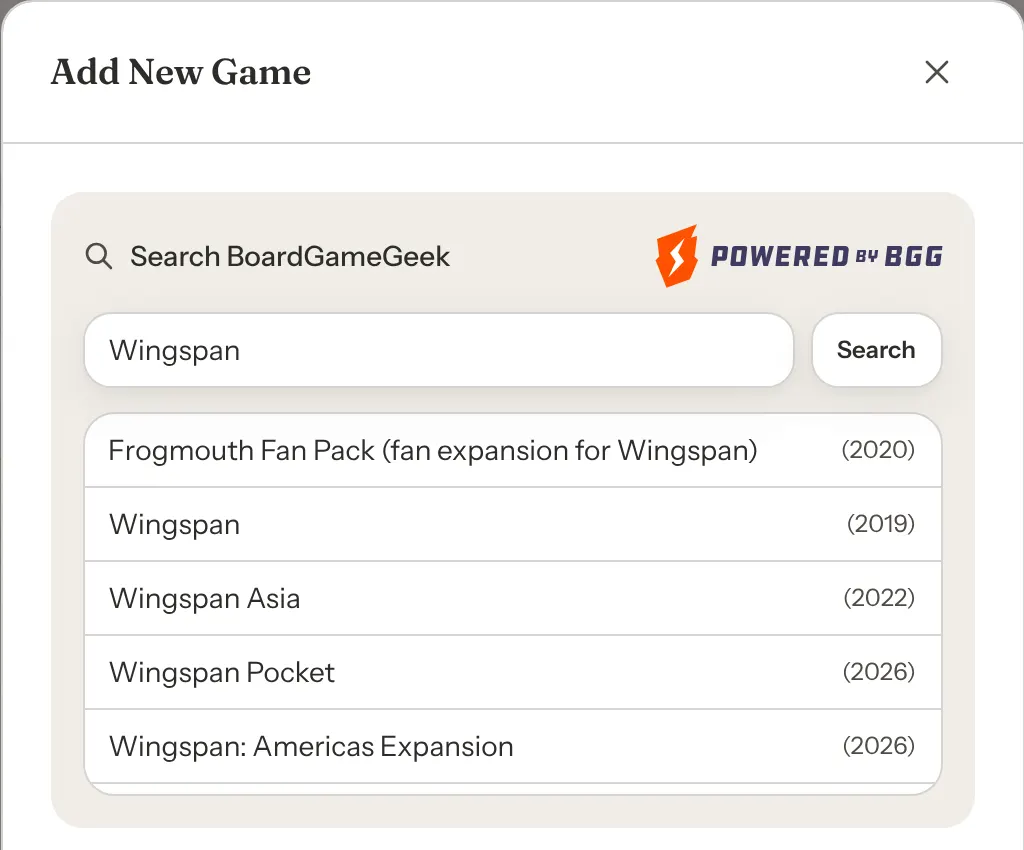 The Search BoardGameGeek box with Wingspan typed in and a list of matches below it, each with its year in brackets.
