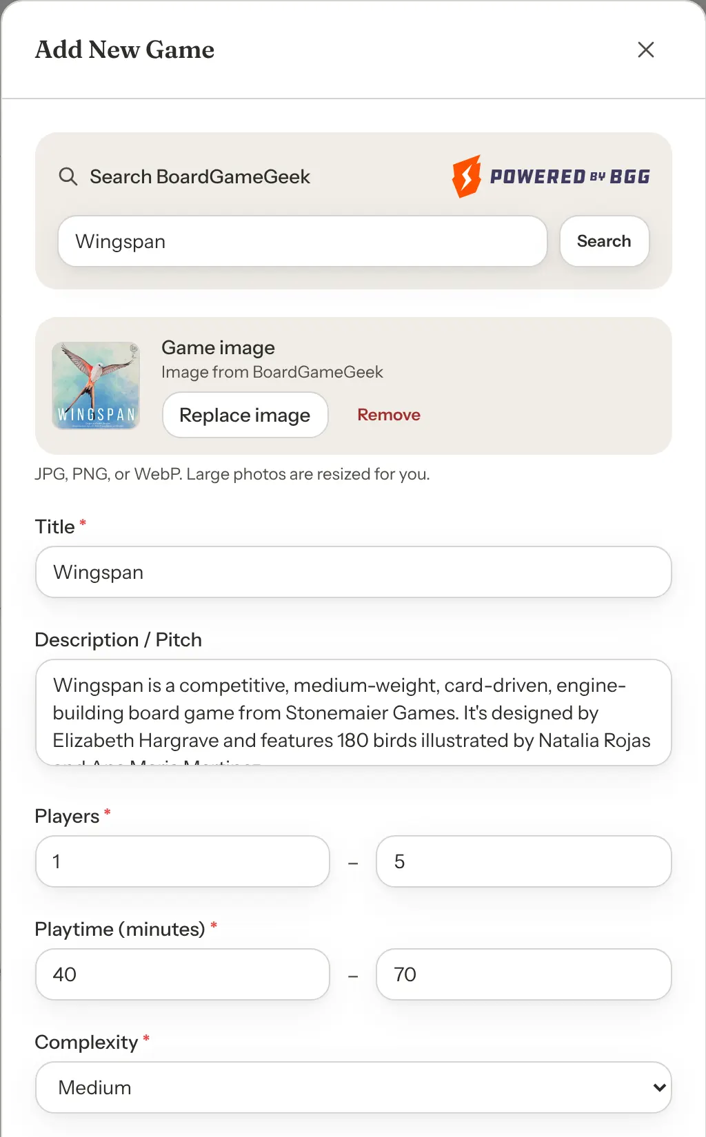 The Add New Game form after choosing a match, with a box art preview labelled Image from BoardGameGeek and the Title, Description, Players, Playtime and Complexity fields filled in.