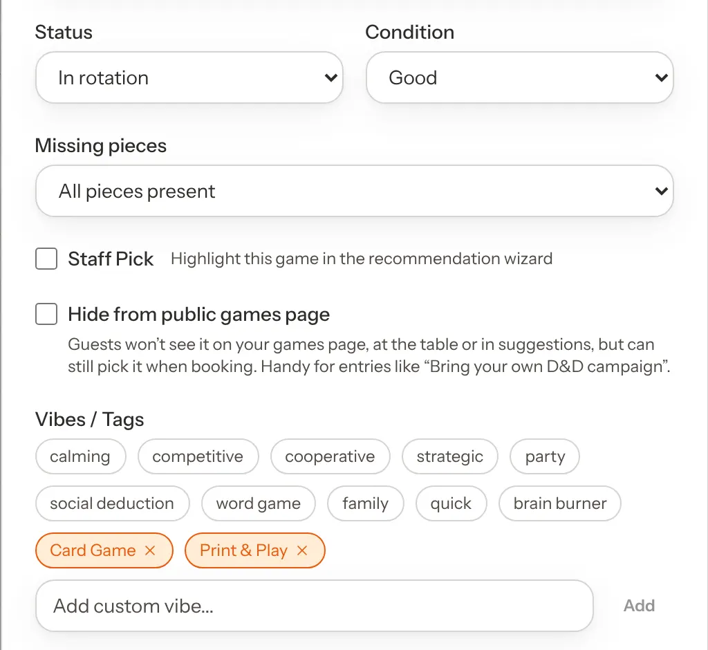The Edit Game form showing the Status and Condition menus side by side, the Missing pieces menu, the Staff Pick tick box and the Vibes / Tags quick picks.