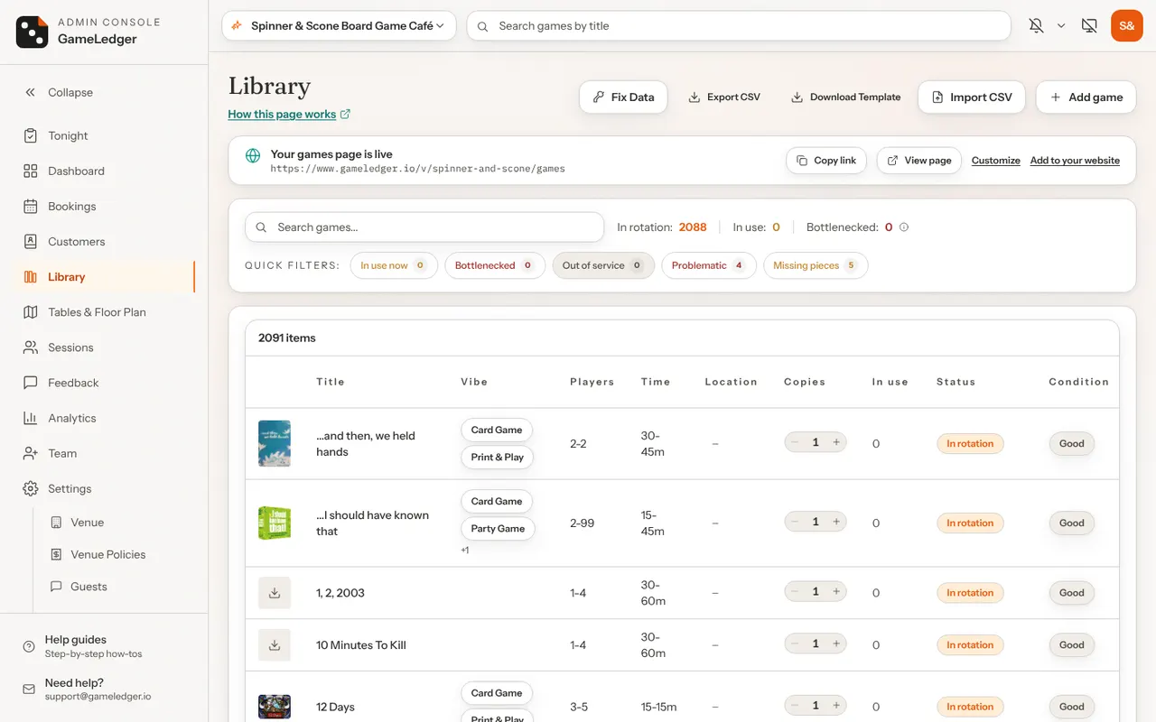 The Library page with Fix Data, Export CSV, Download Template, Import CSV and Add game buttons, the games page strip, a search box, quick filter chips with counts, and a table of games with cover, title, vibe, players, time, location, copies, in use, status and condition columns.