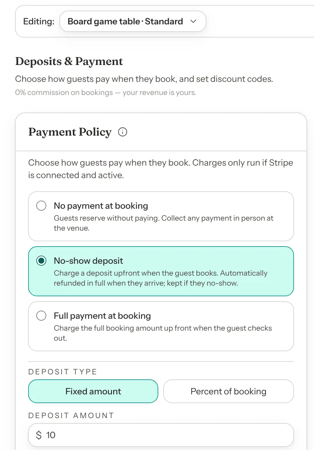 The Deposits & Payment tab editing Standard. The Payment Policy card lists No payment at booking, No-show deposit and Full payment at booking. No-show deposit is selected, with Deposit type set to Fixed amount and a Deposit amount of $10.