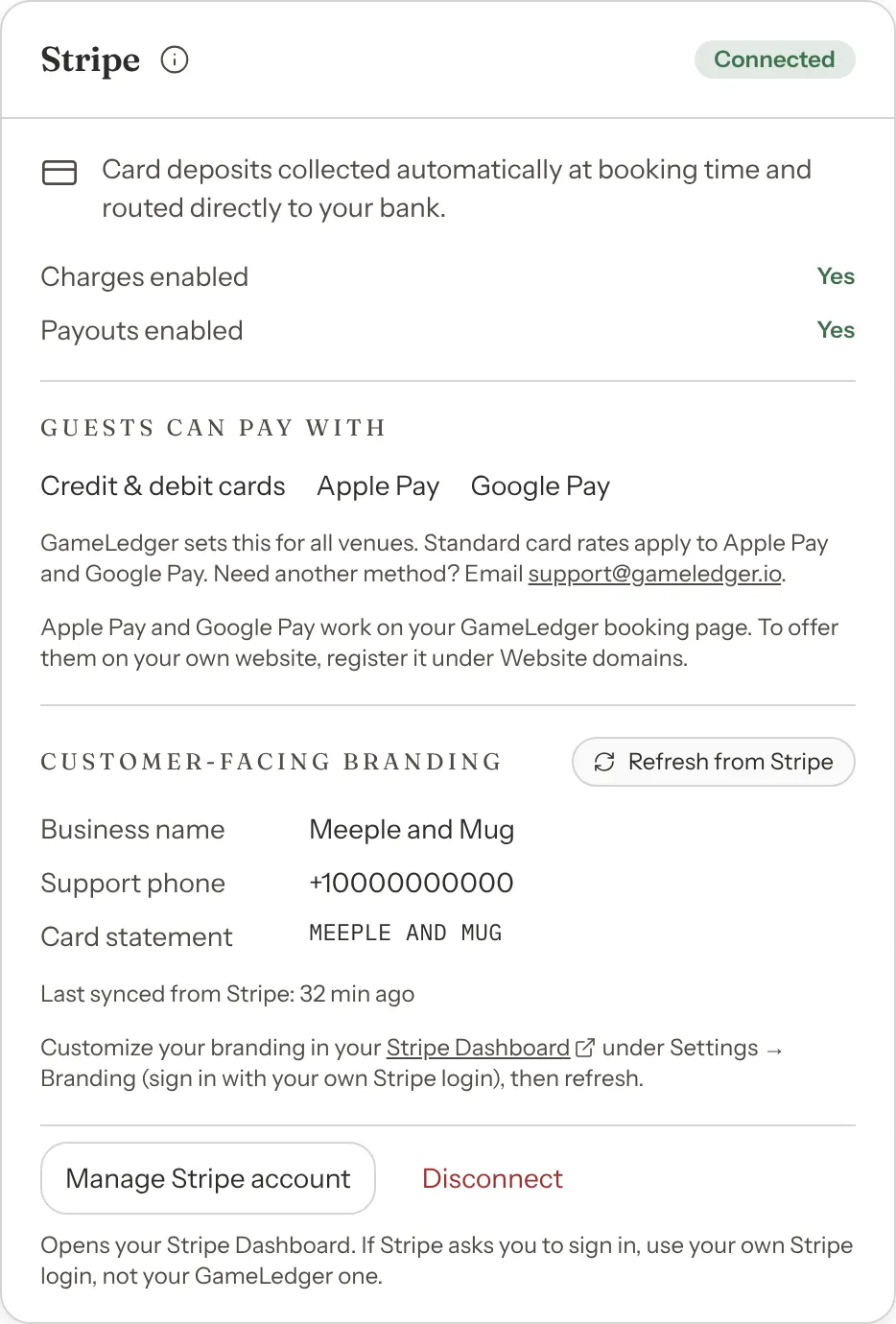 The Stripe card with a Connected badge: Charges enabled Yes, Payouts enabled Yes, Guests can pay with Credit & debit cards, Apple Pay and Google Pay, a line saying Apple Pay and Google Pay work on your GameLedger booking page, the Customer-facing branding section with Refresh from Stripe, and the Manage Stripe account and Disconnect buttons.
