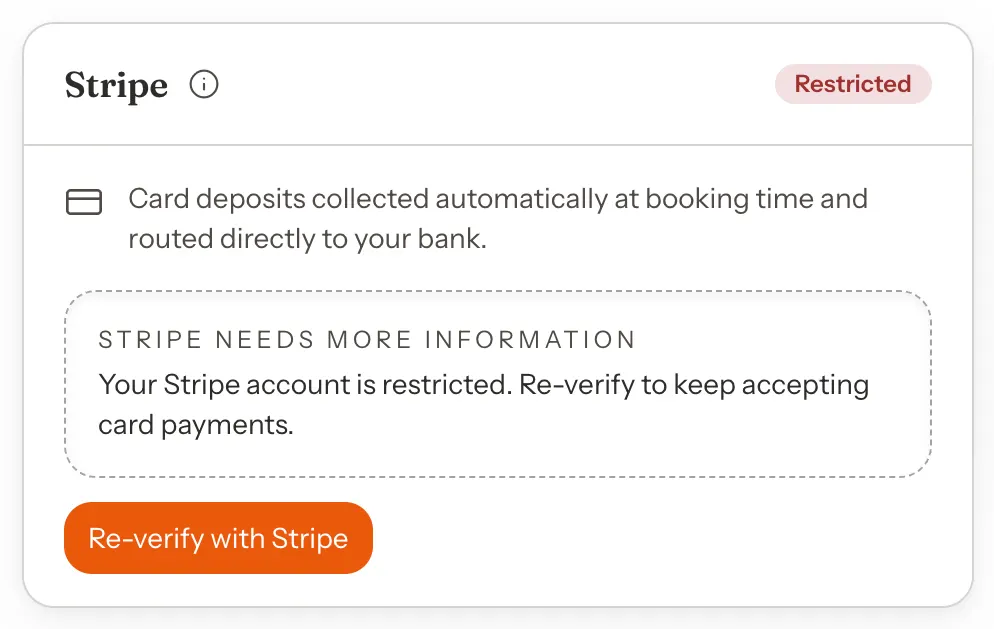 The Stripe card with a Restricted badge and a dashed box titled Stripe needs more information saying Your Stripe account is restricted. Re-verify to keep accepting card payments, with a Re-verify with Stripe button.