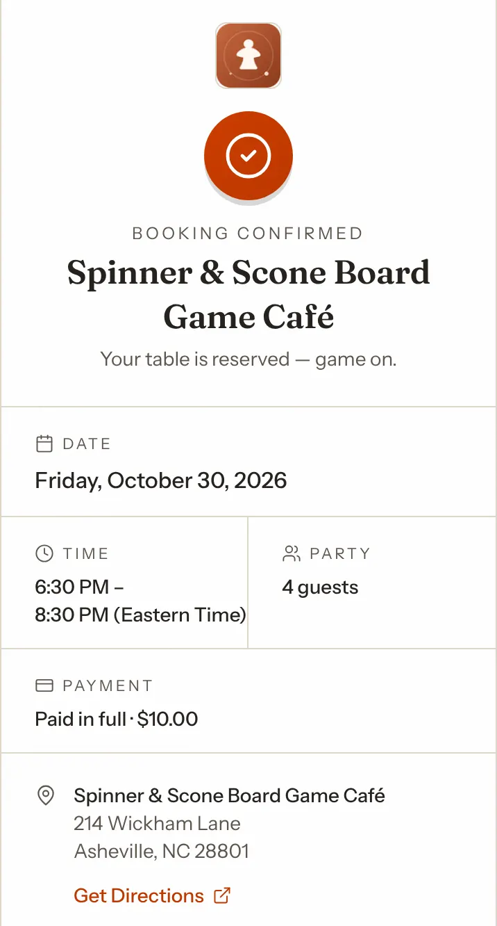 The booking confirmation on a phone: Booking confirmed, the date, time and party size, and a Payment line reading Paid in full · $10.00.