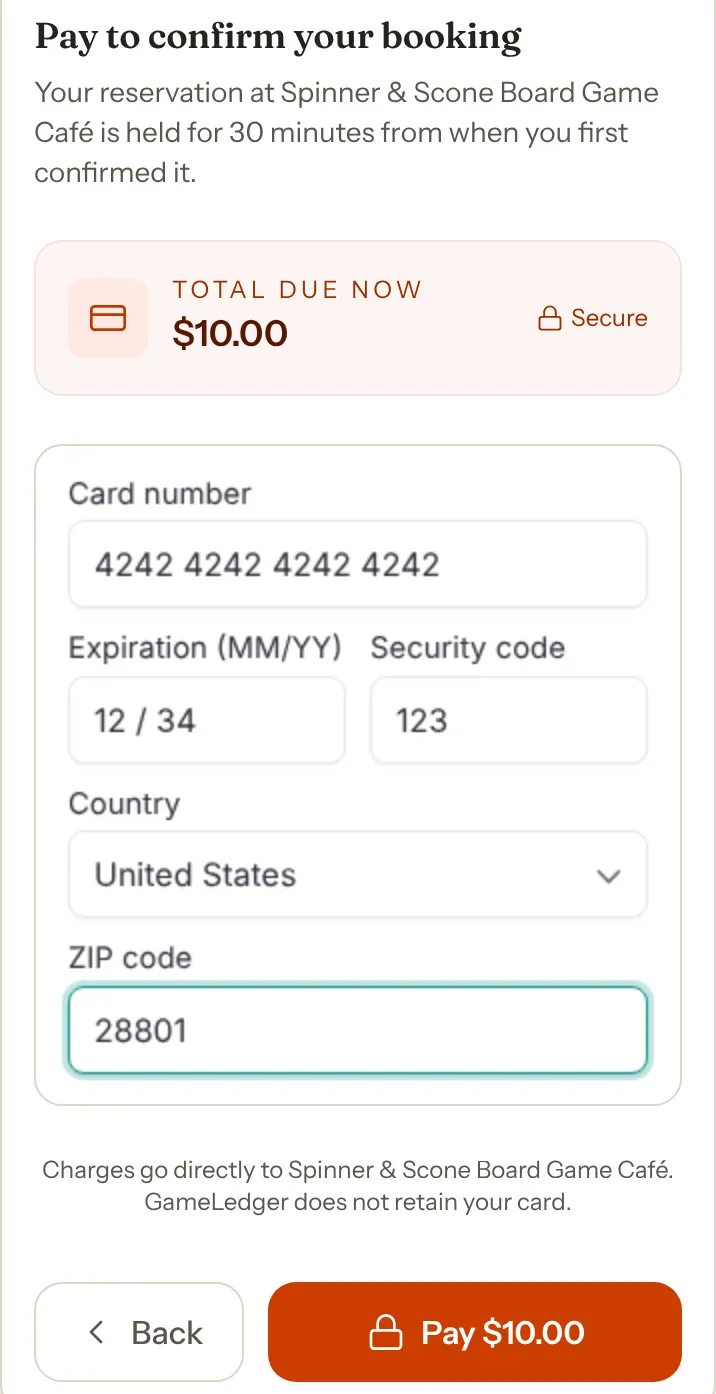 The Pay to confirm your booking screen on a phone: a line saying the reservation is held for 30 minutes from when the guest first confirmed it, Total due now $10.00, a card form with card number, expiry, security code, country and ZIP code, a line saying charges go directly to the café and GameLedger does not retain your card, and a Pay $10.00 button.