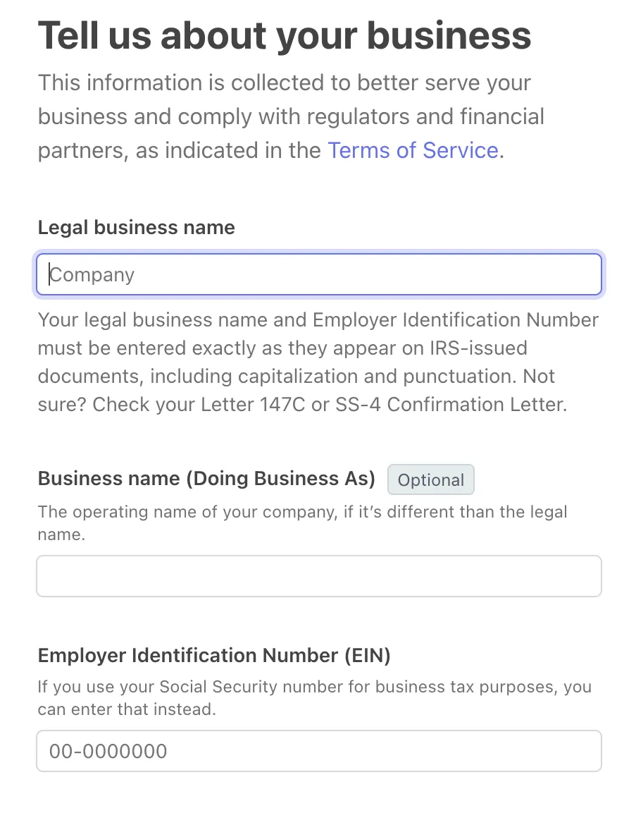 Stripe's Tell us about your business page with fields for Legal business name, Business name (Doing Business As), marked optional, and Employer Identification Number (EIN).