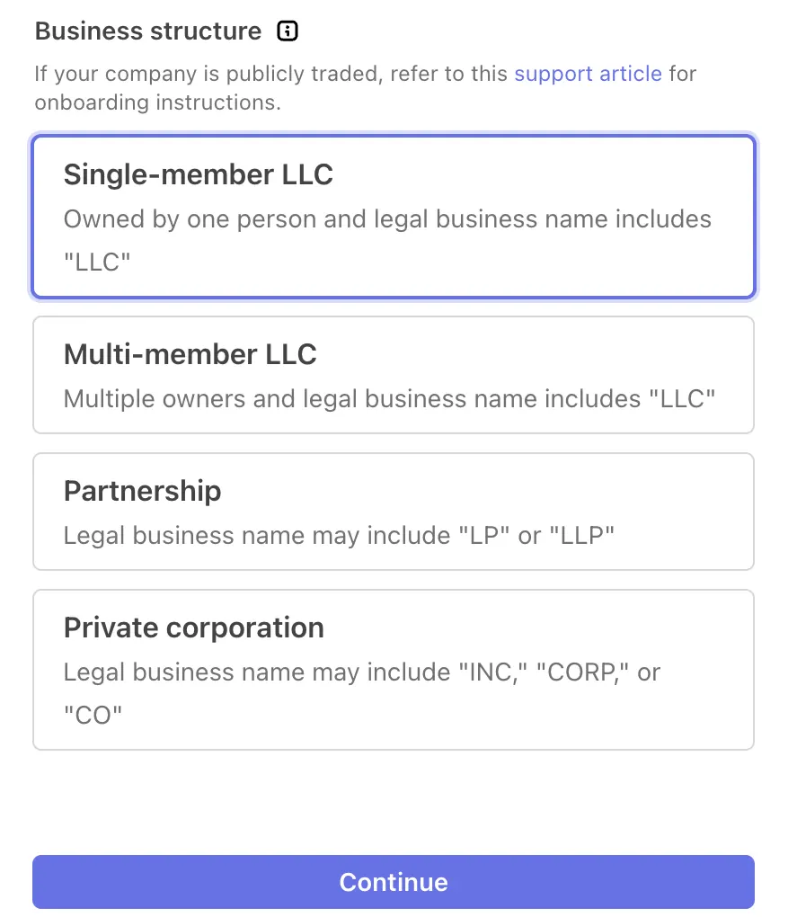 Stripe's Business structure options: Single-member LLC, Multi-member LLC, Partnership and Private corporation, each with a hint about the legal name, and a Continue button.