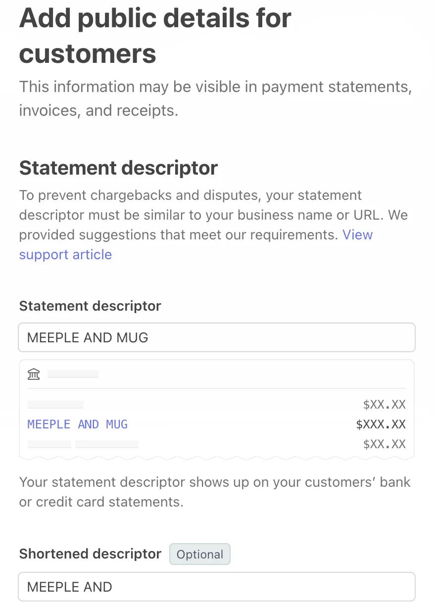 Stripe's Add public details for customers page. A Statement descriptor field holds the café's name in capitals above a preview of how it looks on a bank statement, and a Shortened descriptor field, marked optional, holds a shorter version of it.