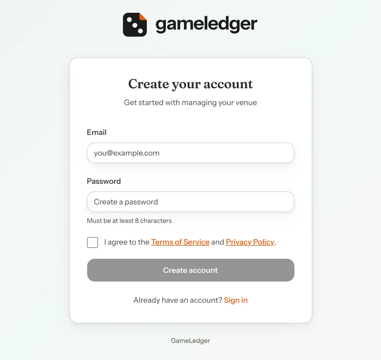 The Create your account form with an Email field, a Password field that must be at least 8 characters, an unticked terms checkbox and a Create account button.