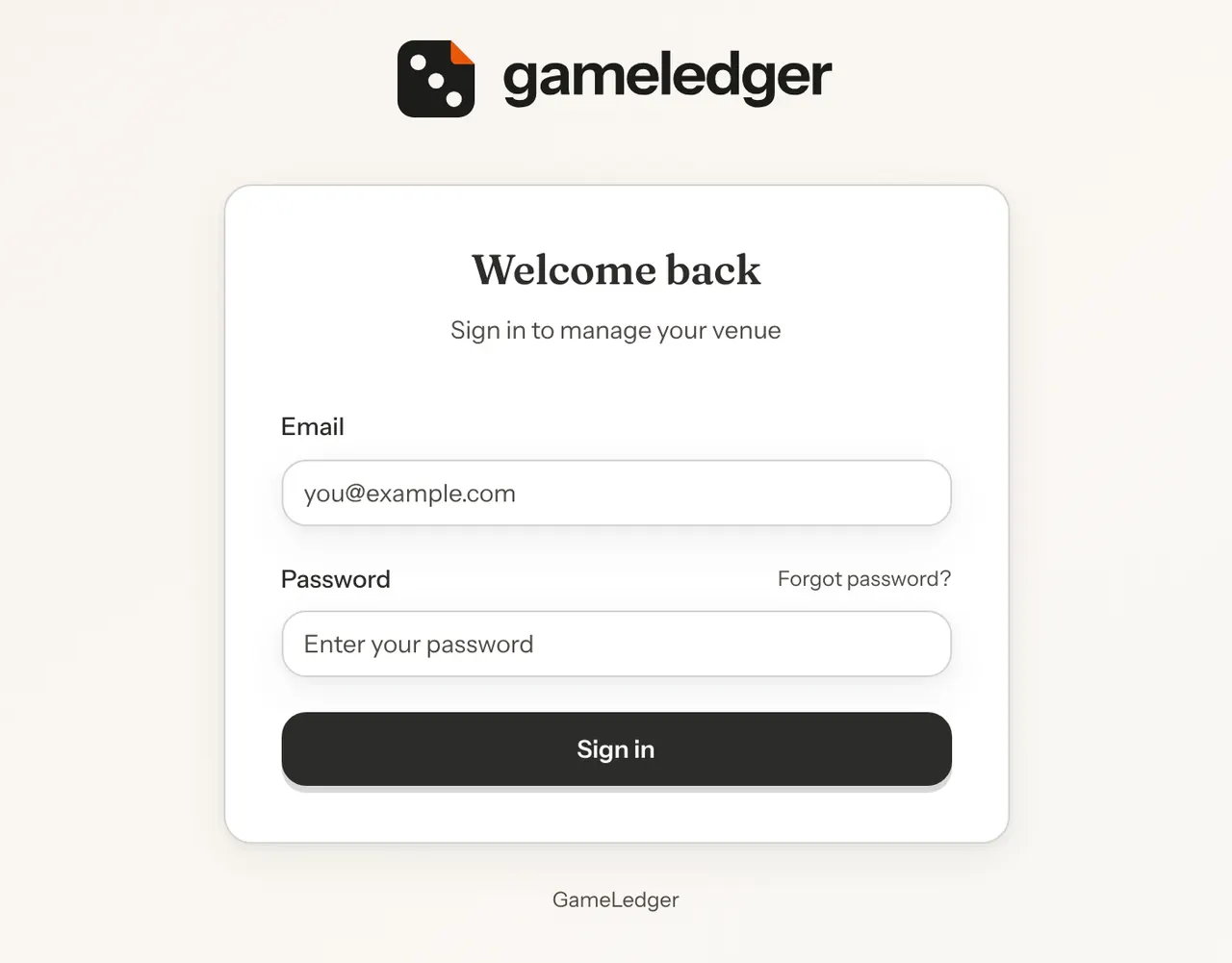 The Welcome back sign-in form with Email and Password fields, a Forgot password? link and a Sign in button.