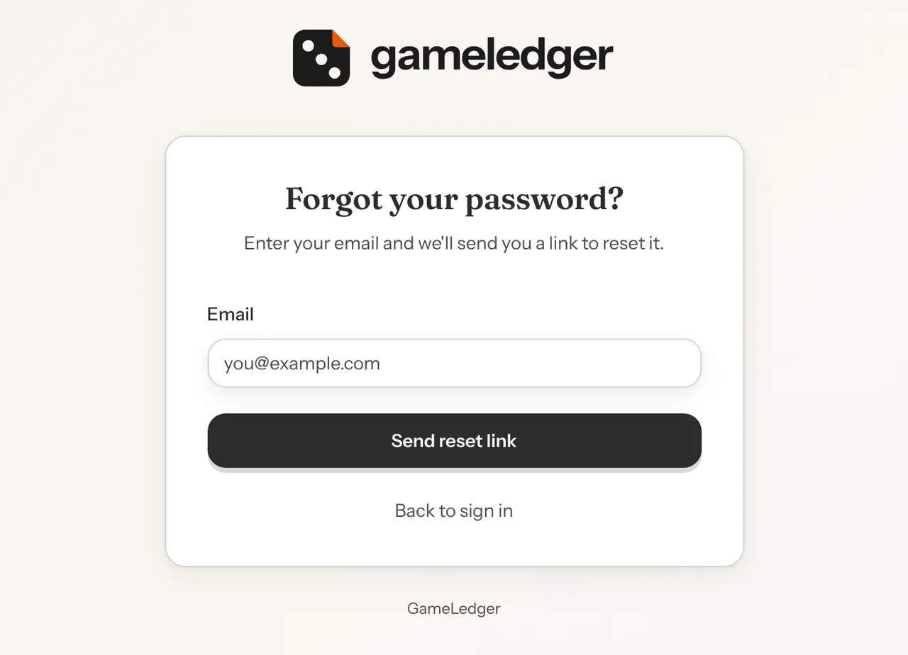 The Forgot your password? page with one Email field, a Send reset link button and a Back to sign in link.