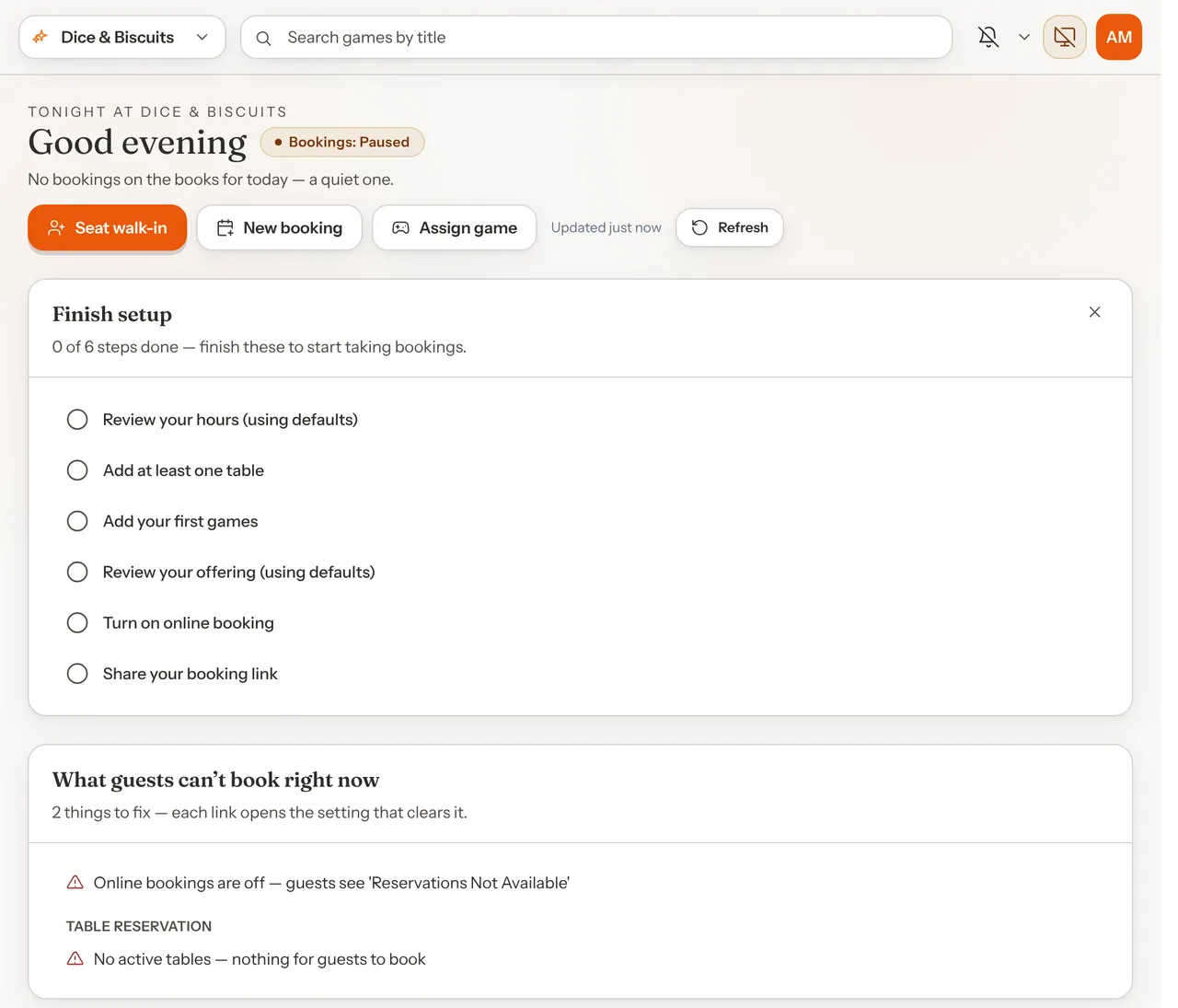 The GameLedger dashboard for a new venue, Dice & Biscuits, with the Finish setup checklist at the top showing 0 of 6 steps done, and the What guests can't book right now card below it.