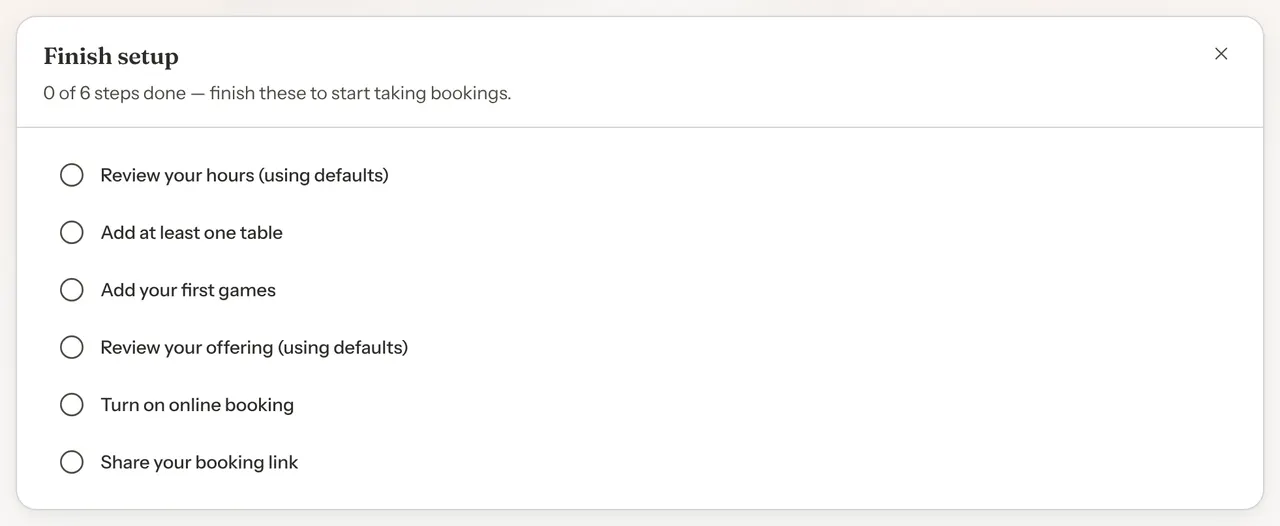 The Finish setup card listing six unticked steps, from Review your hours (using defaults) to Share your booking link.