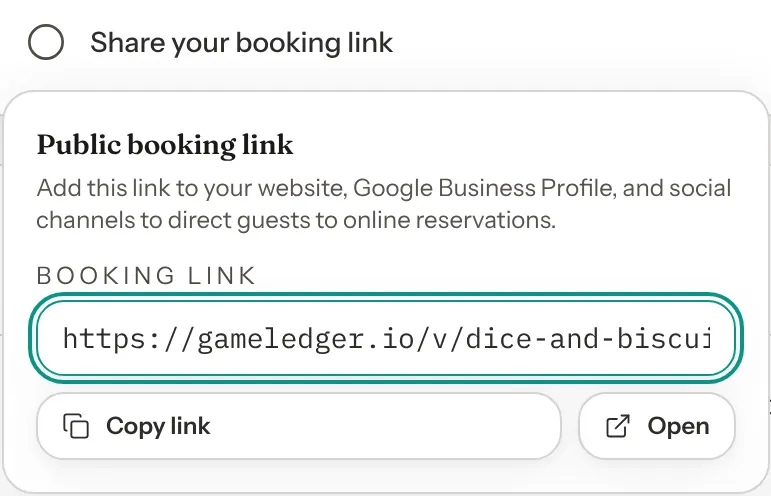 The Public booking link panel opened from the Share your booking link row of the setup checklist, with the booking link, a Copy link button and an Open button.