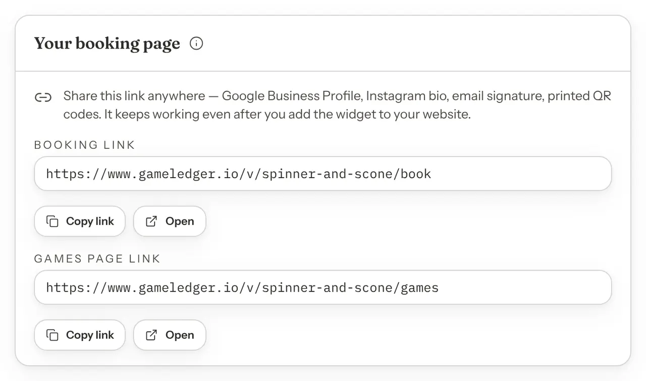 The Your booking page card with a short explanation, the booking link in a field with Copy link and Open buttons, and the games page link below it with its own Copy link and Open buttons.