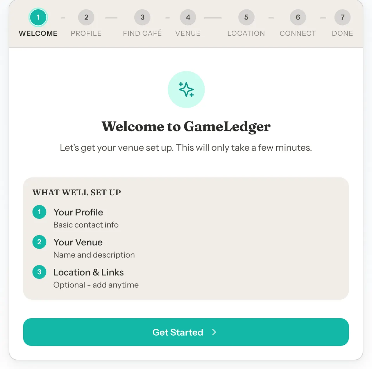 The setup wizard's welcome screen, listing Your Profile, Your Venue and Location & Links, with a Get Started button.
