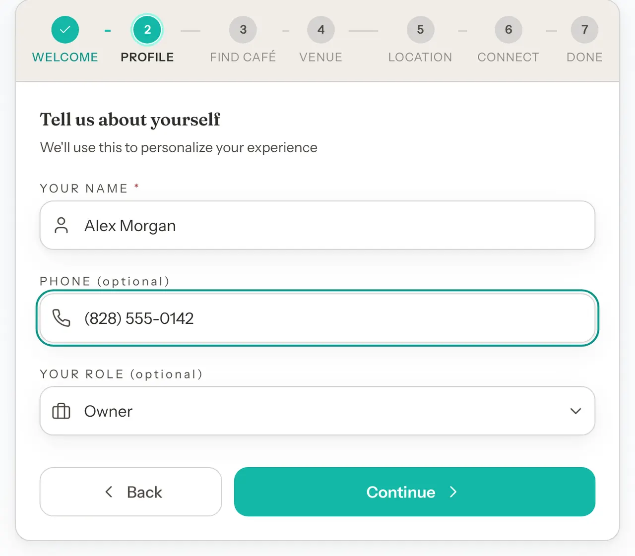 The Tell us about yourself step with Your Name, Phone and Your Role filled in.