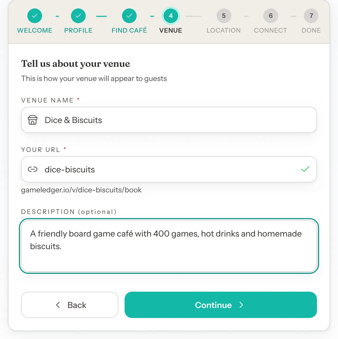 The Tell us about your venue step with Venue Name, Your URL showing a green tick and the booking page address beneath, and a Description.