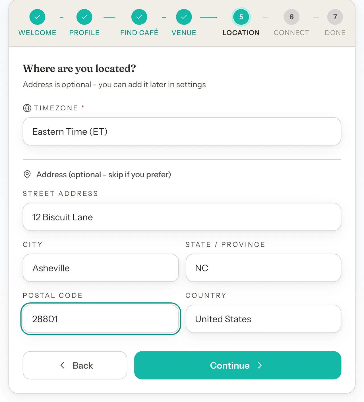 The Where are you located? step with the Timezone set to Eastern Time and a street address, city, state, postal code and country filled in.