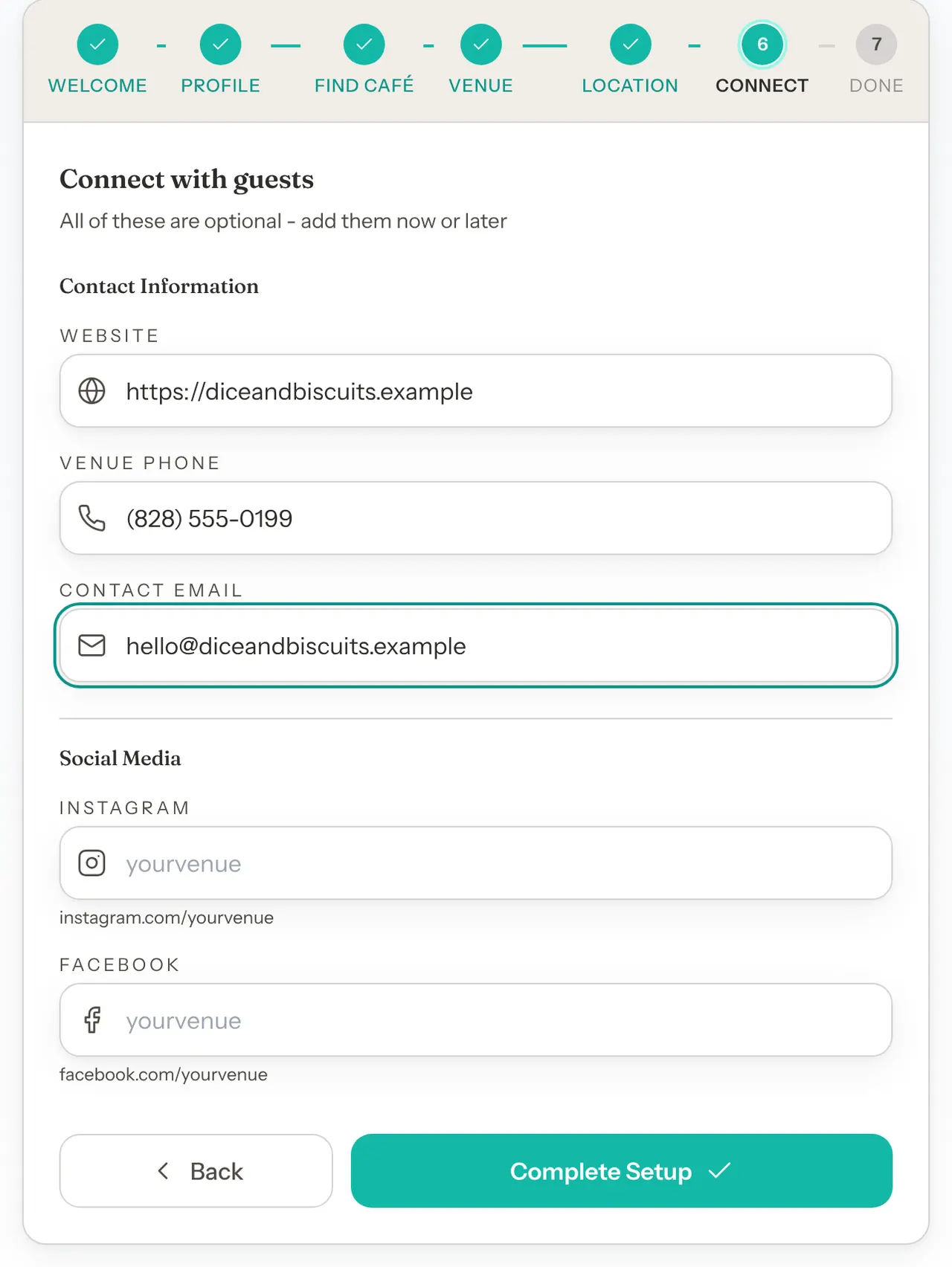 The Connect with guests step with Website, Venue Phone and Contact Email filled in, empty Instagram and Facebook fields, and a Complete Setup button.