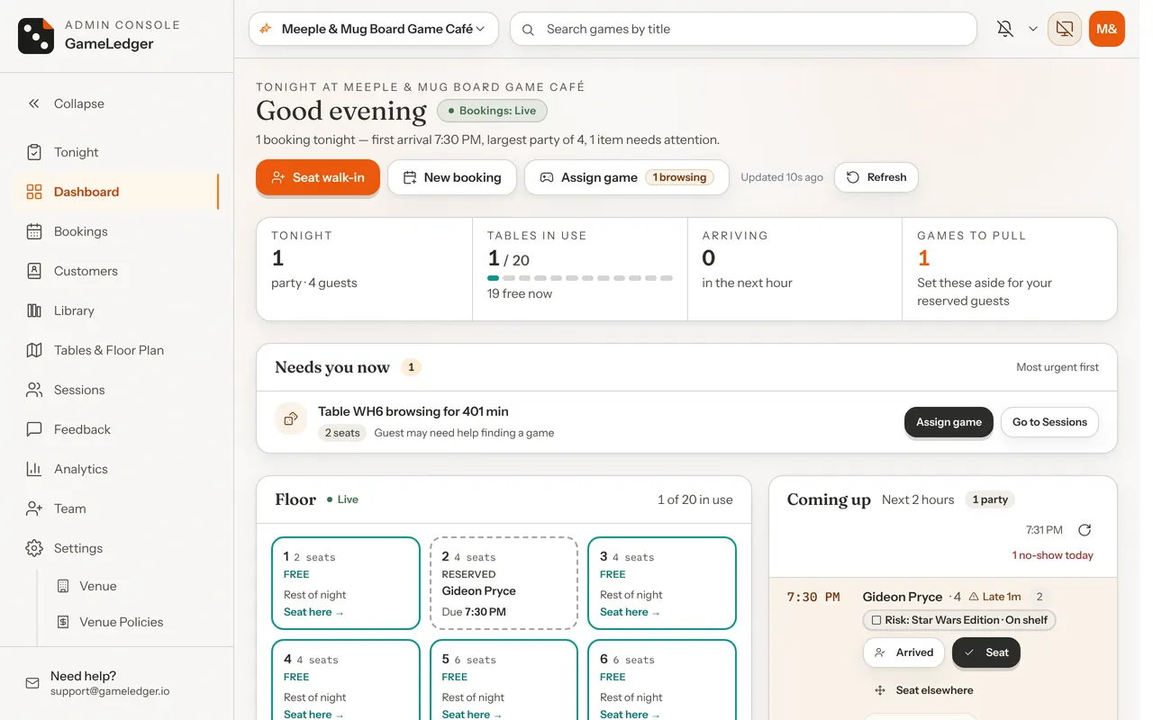 The Dashboard's first screen: the greeting with Seat walk-in, New booking and Assign game buttons, the Tonight strip with four numbers, Needs you now with a table browsing without a game, and the top of the Floor and Coming up panels.