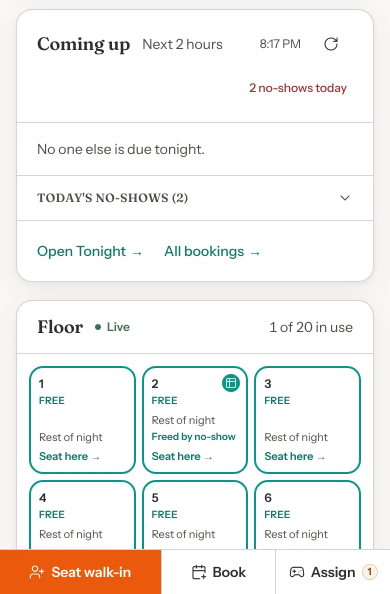 On a phone, the Coming up panel saying no one else is due tonight, with two no-shows today, and below it the Floor panel with a tile for each table showing its state.