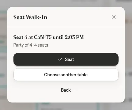 The confirmation step reading 'Seat 4 at Café T5 until 2:03 PM', with Seat, Choose another table and Back buttons.