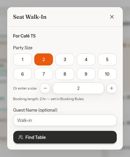 The Seat Walk-In window on the party size step, with 'For Café T5' under the title, party size buttons, and the booking length.