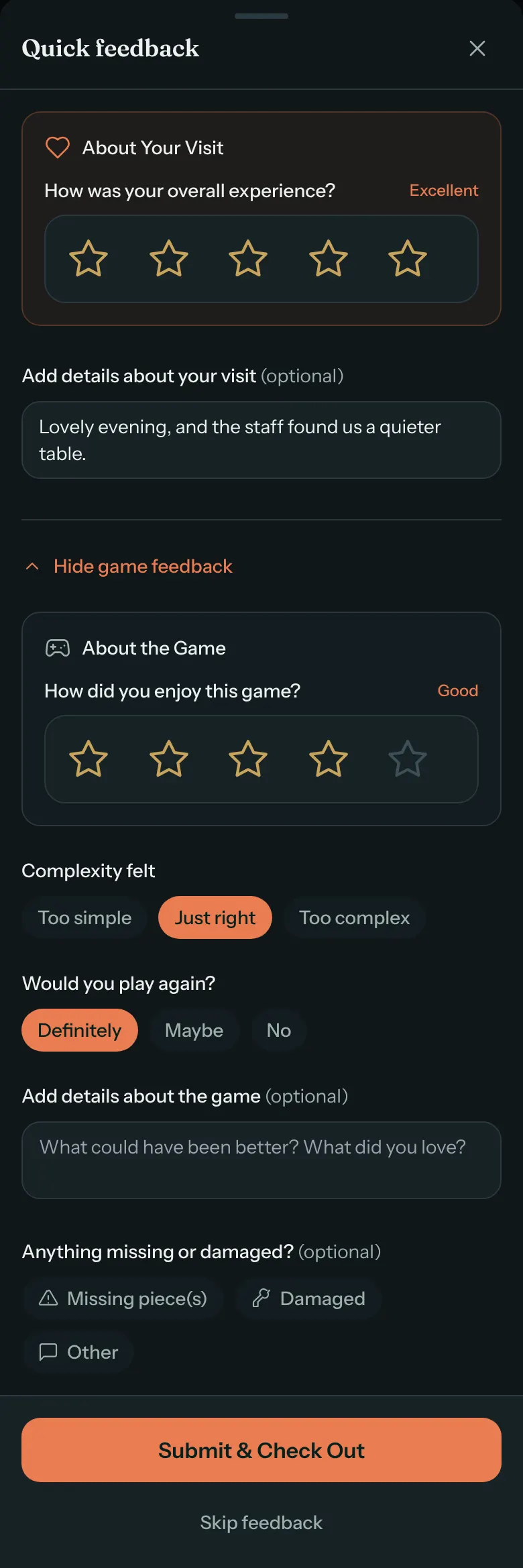The Quick feedback sheet on a phone. About Your Visit asks How was your overall experience? with five stars, marked Excellent, and a visit comment. The game section is open: How did you enjoy this game? with stars marked Good, Complexity felt set to Just right, Would you play again? set to Definitely, a game comment box, and Anything missing or damaged? with Missing piece(s), Damaged and Other. At the bottom: Submit & Check Out and Skip feedback.